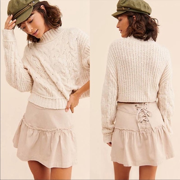 Free People Dresses & Skirts - NWT Free People Positano Skirt Lace-Up Tiered Mini Skirt in Champagne Tan Size 8